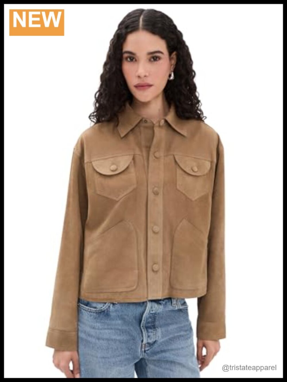 Mid-Weight Suede Utility Jacket Long Sleeve Button Placket